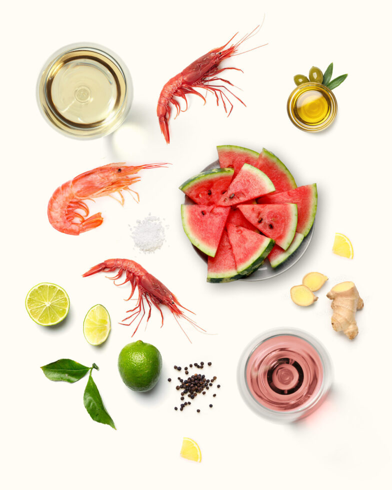 Raw prawns and watermelon