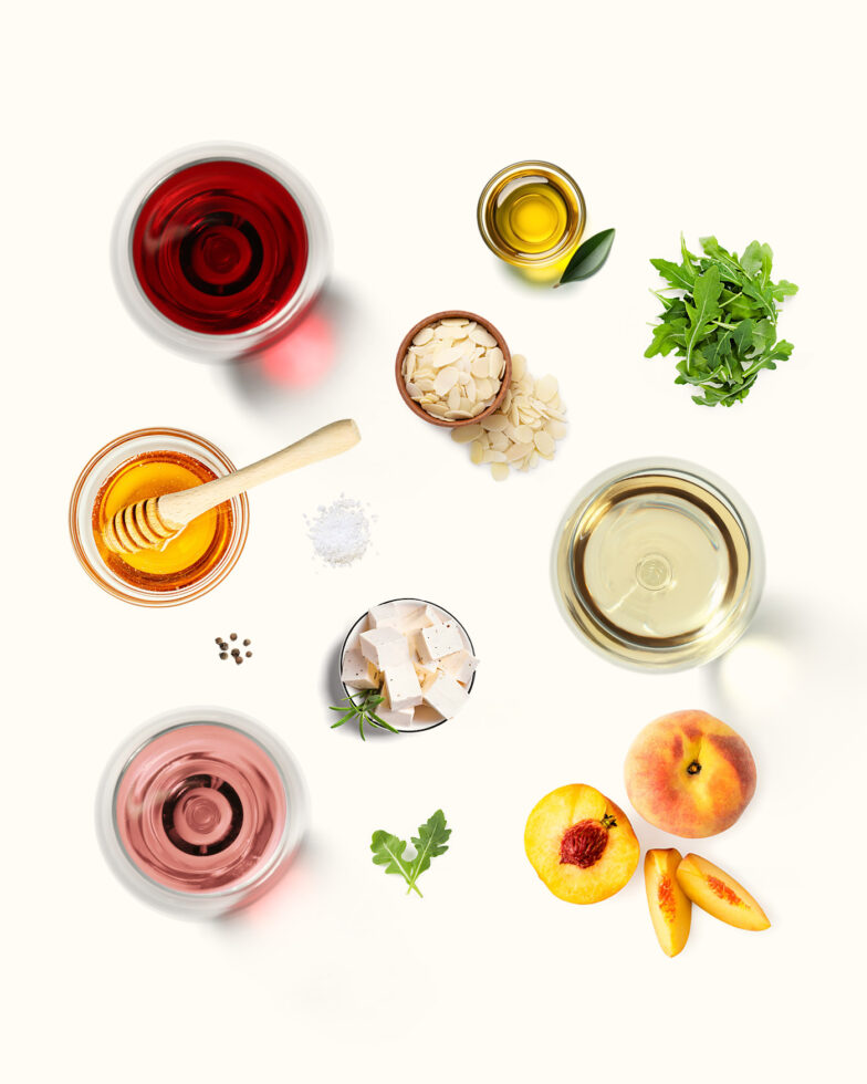 Grilled peach, feta, arugula and almond salad